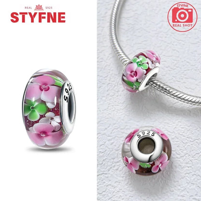 Echtes Sterlingsilber 925, Blumen-Charms, Glas, neue Original-Perle, bunt, Murano, passend für Original-Armbänder, DIY für Frauen, Schmuck, Geschenke
