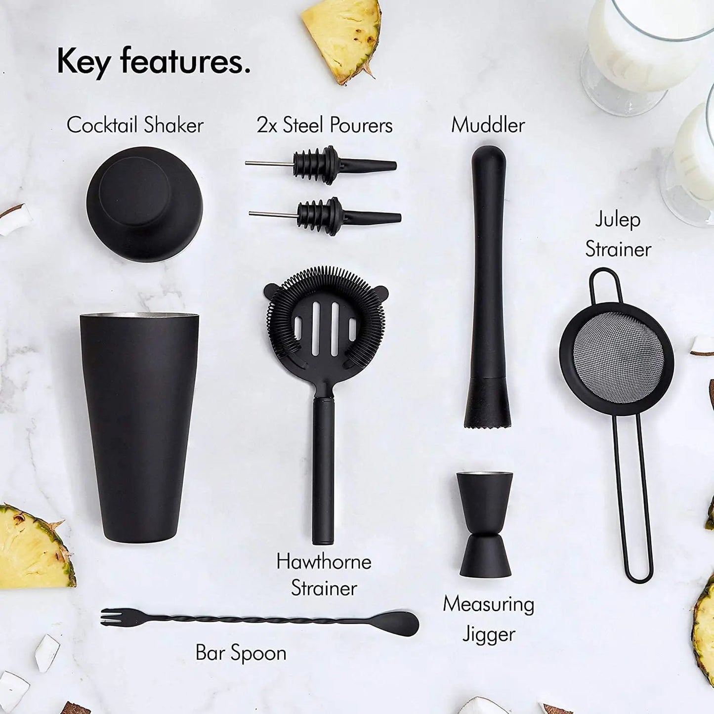 Cocktail-Set, Cocktail-Zubereitungsset, Pariser mattschwarzer 9-teiliges Cocktail-Shaker-Set aus Edelstahl, Bar-Werkzeug