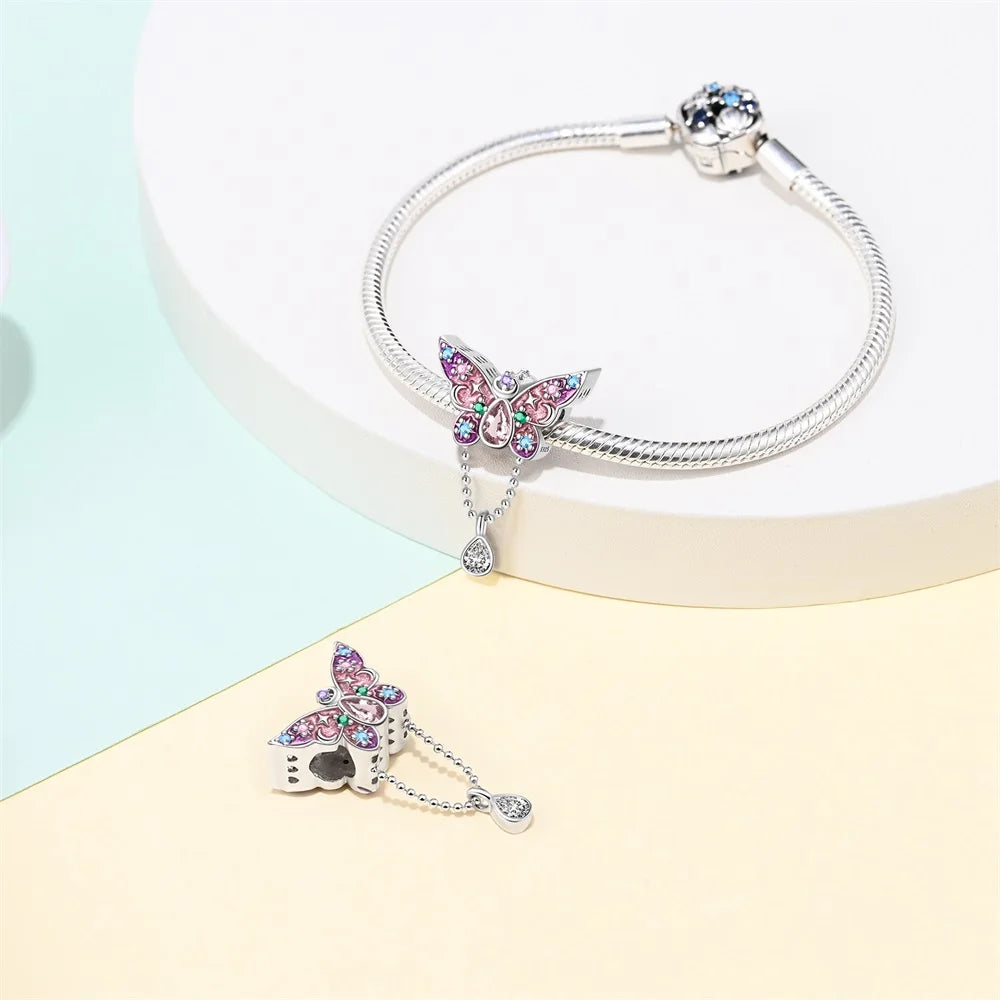 Bunter Schmetterlings-Quasten-Charm-Anhänger aus 925er-Sterlingsilber mit Perlen, passend für Original-Armbänder aus Silber für die Schmuckherstellung von Frauen