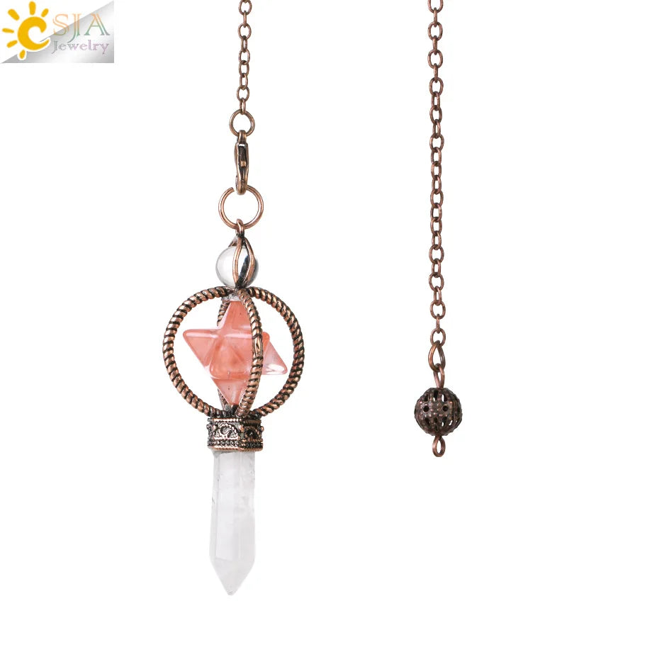 CSJA Esoterik Kristallpendel für Wünschelpen, Weissagung, Pendel, Merkaba, Naturstein-Anhänger, klarer Quarz, rote Bronze, G930