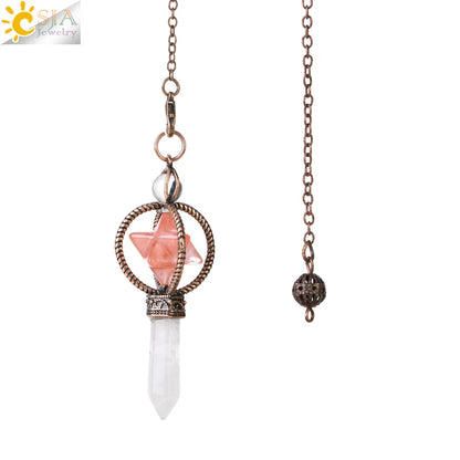CSJA Esoterik Kristallpendel für Wünschelpen, Weissagung, Pendel, Merkaba, Naturstein-Anhänger, klarer Quarz, rote Bronze, G930