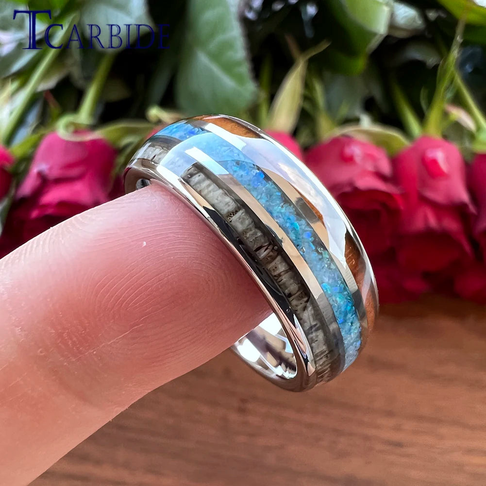 Dropshipping 8mm Männer Frauen Wolfram Ehering Dome Band Mit Hirschgeweih Blau Opal Und Holz Inlay Comfort Fit