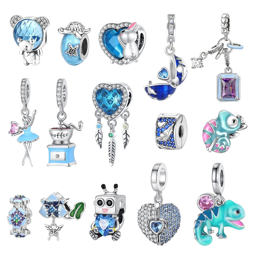 Blaue Serie 925 Sterling Silber Eidechsen-Herz Roboter Kaffee Mit Blumen Charms Passend für DIY Armband Halskette Casual Party Geschenke