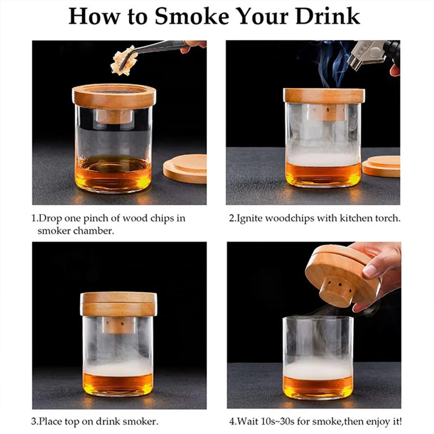 Cocktail-Räucher-Set, Rauch-Set mit 4 Holzspäne, altmodisches Whiskey-Räucher-Getränkekit, Cocktail-Zubehör für Whisky, Getränk