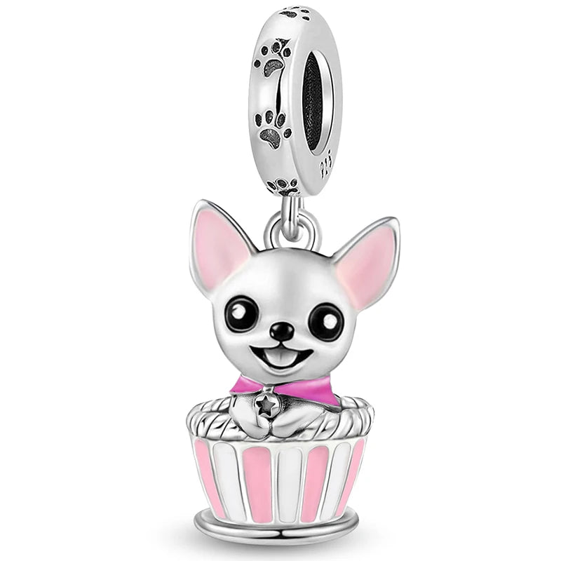 Charms aus 925er-Sterlingsilber mit Tierhantel, niedlicher rosa Hund, Perlen, passend für DIY-Armbänder, Armreifen, Geschenk von hochwertigem Schmuck