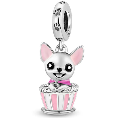 Charms aus 925er-Sterlingsilber mit Tierhantel, niedlicher rosa Hund, Perlen, passend für DIY-Armbänder, Armreifen, Geschenk von hochwertigem Schmuck