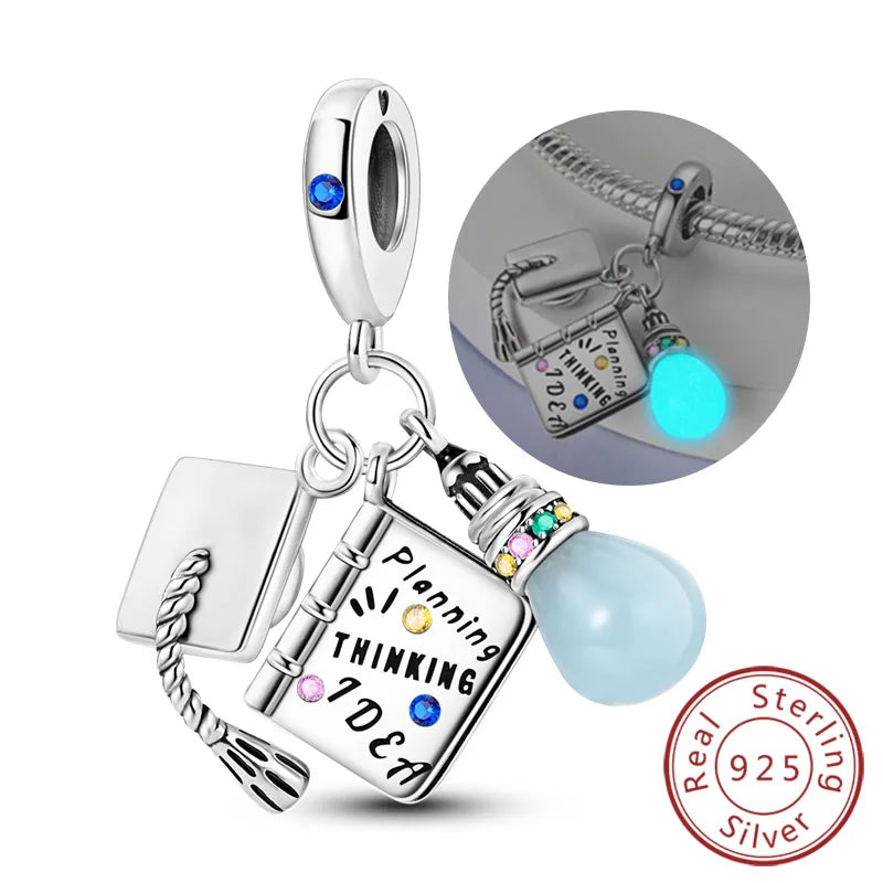 Original-Charms für den Abschluss, Perlen-Anhänger, 925er-Sterlingsilber, Bachelor-Hut, Kappen-Charms, passend für Armbänder, DIY-Zeremonie, Schmuck, Geschenk