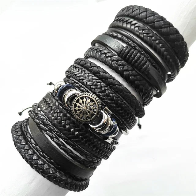 10 Pcs/Set Black Wrap Woven New Fashion Handmade Men Bracelets Male Women Leather Bracelets Men Bangle Wholesale Jewelry Gift
