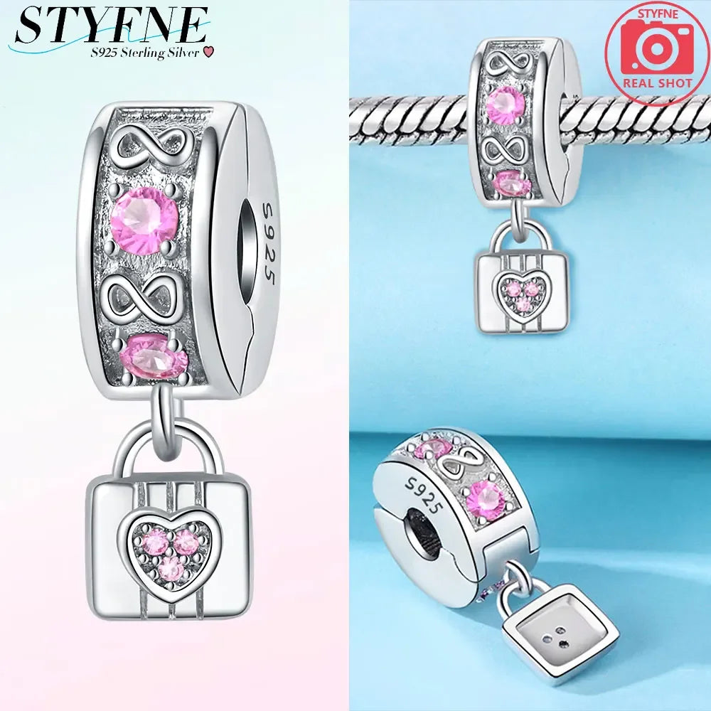 925er Silber eingelegte Zirkoniumblumen, vierblättriges Kleeblatt, Federn, Liebesbox-Clip, Charms, Abstandsperlen, passend für Armbänder, DIY-Schmuckmarkierung