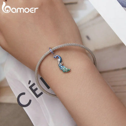 Bamoer 925 Sterling Silber Schrittweise Blau Pfau Hängen Perlen Zarte Tier Anhänger Charms für Frauen Geburtstag Geschenk BSC696