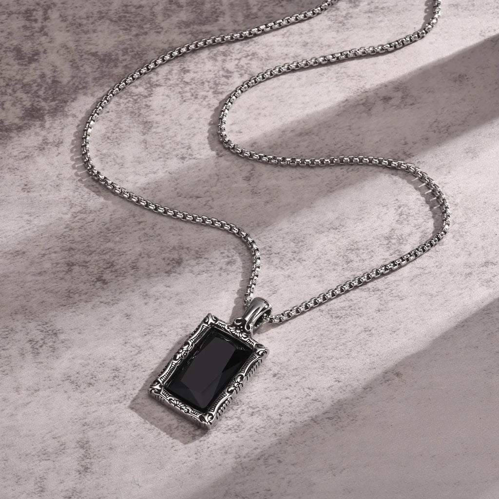 Vnox Black Square Stein Halsketten für Männer, Retro Silber Farbe Edelstahl geometrischen Anhänger Kragen mit Box Kette