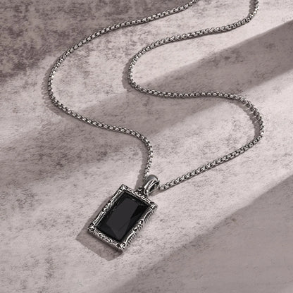 Vnox Black Square Stein Halsketten für Männer, Retro Silber Farbe Edelstahl geometrischen Anhänger Kragen mit Box Kette