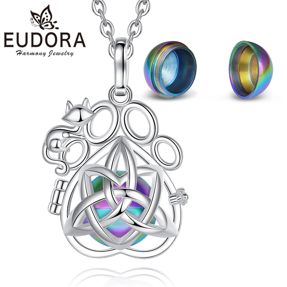 EUDORA Urne Feuerbestattung Anhänger 14mm Katze Fuß Käfig Medaillon Asche Halter Andenken Kapsel Keltische knoten Halskette Hohl Ball DIY schmuck