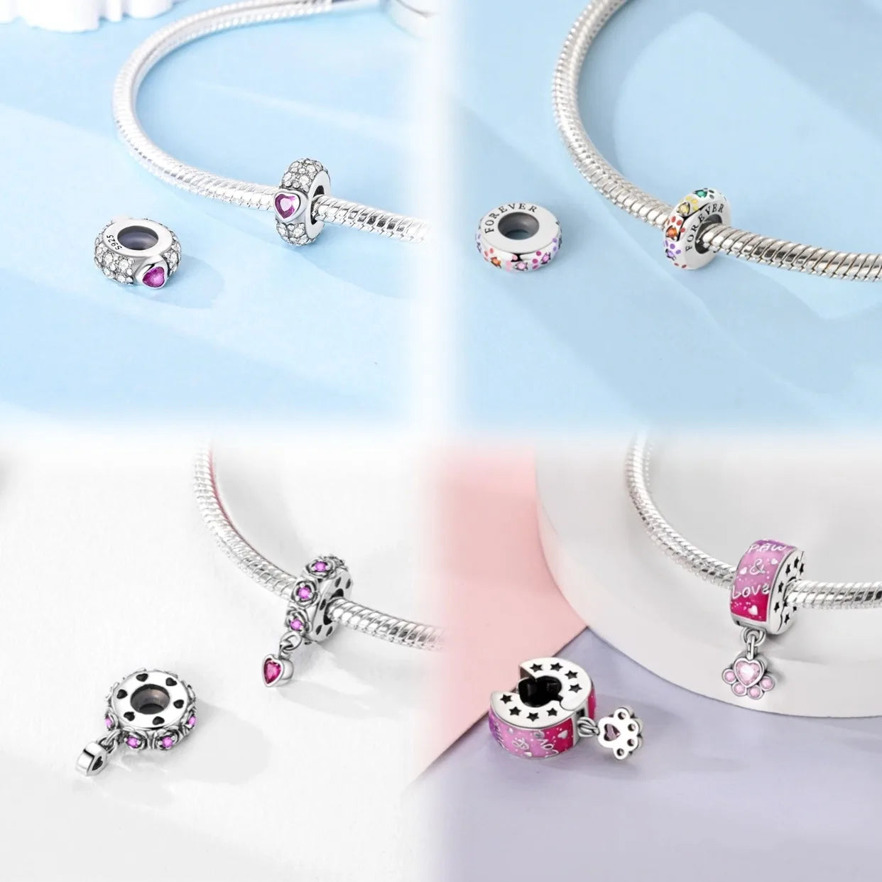 Lucky Clover Clip Charms 925 Sterling Silber Original Black Cat Stopper Clamp Silikon Spacer Charm für DIY Schmuck Armband