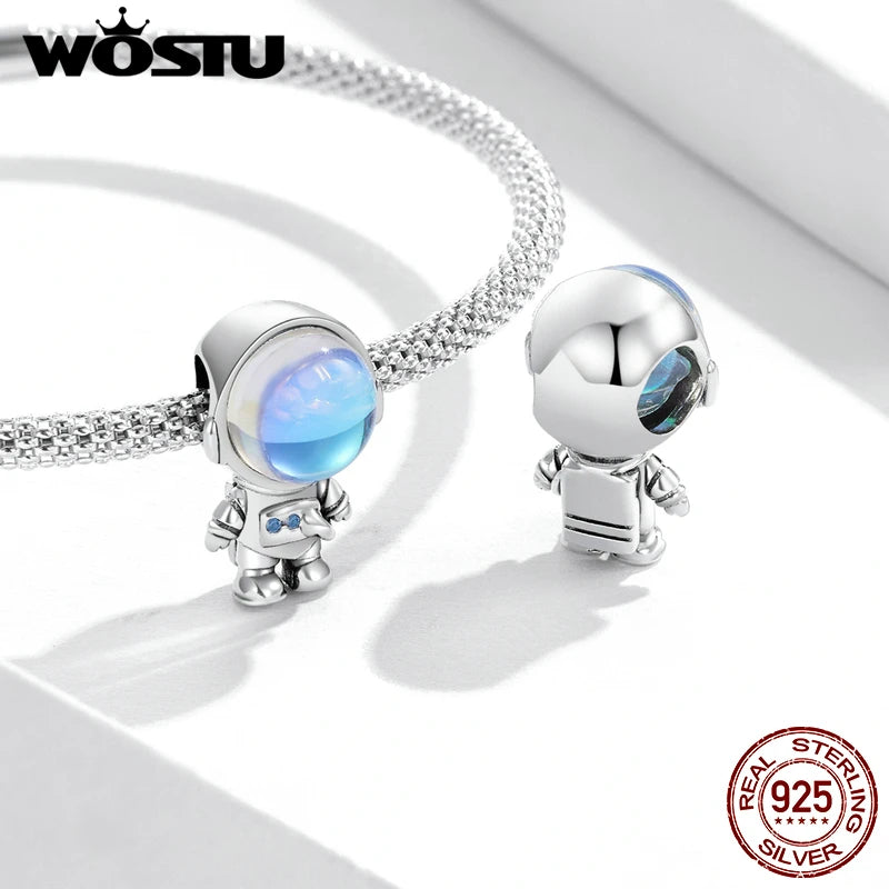 WOSTU 925 Sterling Silber Mondstein Charms Herz Perlen Astronaut Mond Anhänger Fit Original Armband DIY Halskette Schmuck Machen