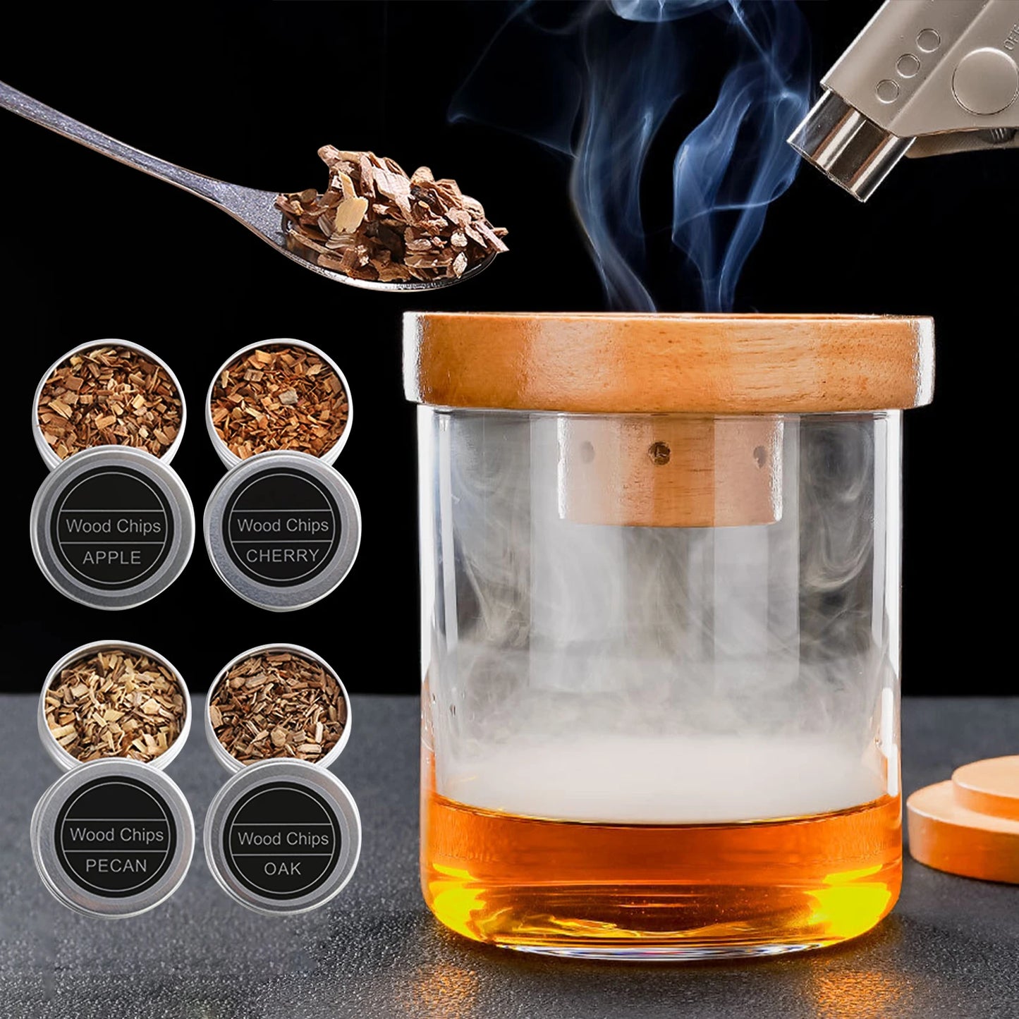 Räucher-Set mit Glasplatte, Cocktail-Räucher-Set mit 4 Holzspäne, Barkeeper-Zubehör für Whisky-Getränke, Raucher-Geschenkset für Männer
