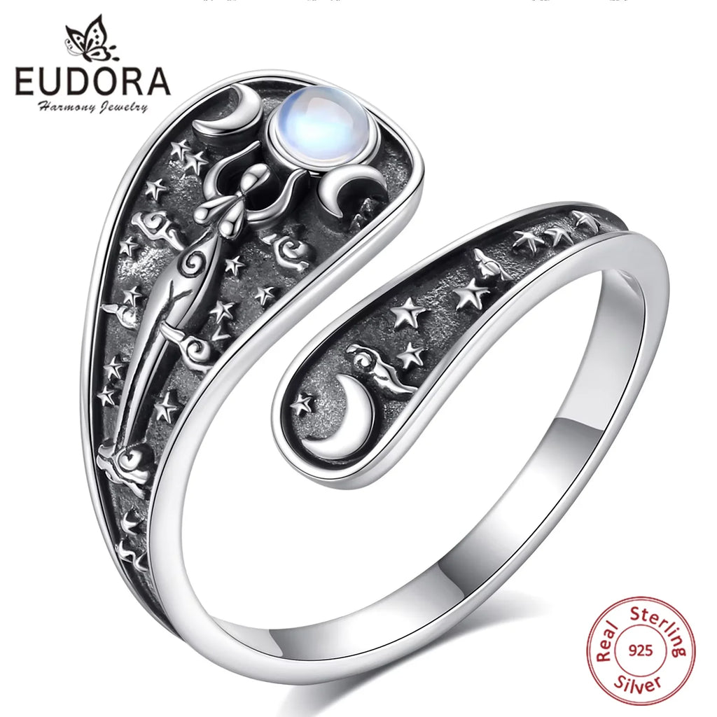 Eudora Verstellbarer Ring aus 925er-Sterlingsilber mit dreifacher Mondgöttin, Mondstein, Hekate, Amulett, Löffelring, Vintage-Schmuck, Geschenk für Frauen