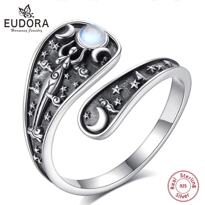 Eudora Verstellbarer Ring aus 925er-Sterlingsilber mit dreifacher Mondgöttin, Mondstein, Hekate, Amulett, Löffelring, Vintage-Schmuck, Geschenk für Frauen