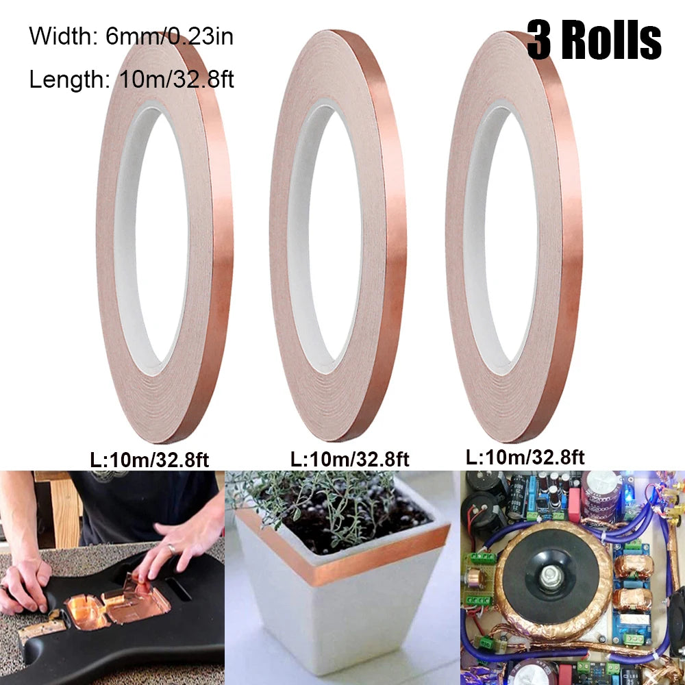 3 Rollen Kupferfolienband, selbstklebend, einseitig, leitende Schnecke, EMI-Abschirmung, DIY-Schaltung, elektrische Reparaturbänder