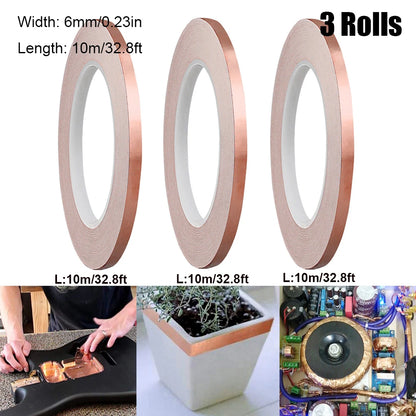 3 Rollen Kupferfolienband, selbstklebend, einseitig, leitende Schnecke, EMI-Abschirmung, DIY-Schaltung, elektrische Reparaturbänder