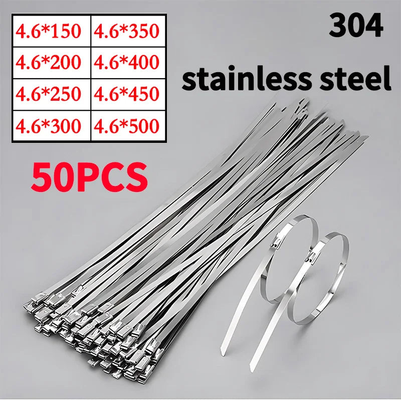 50 Stück Kabelbinder aus Edelstahl 304, robuste, selbstsichernde Metallkabelbinder 4,6 mm, rostfrei und hitzebeständig für Marine, Outdoor