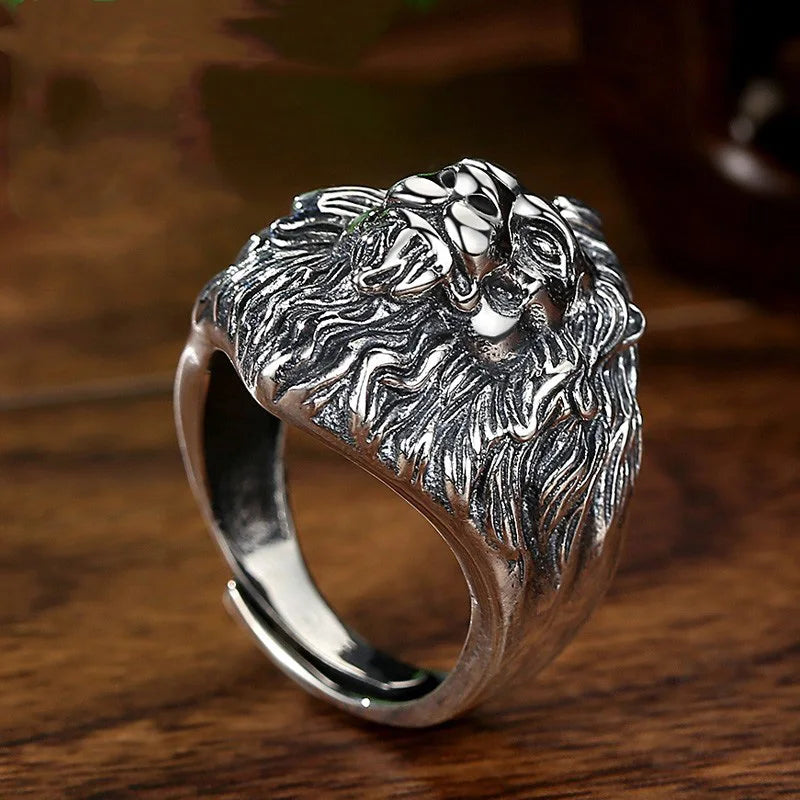 Retro Löwenkopf Großer Ring Für Männer Silber Farbe Punk Gothic Offener Ring Handgemachten Schmuck Rock Hiphop Biker Zubehör Mann Geschenk