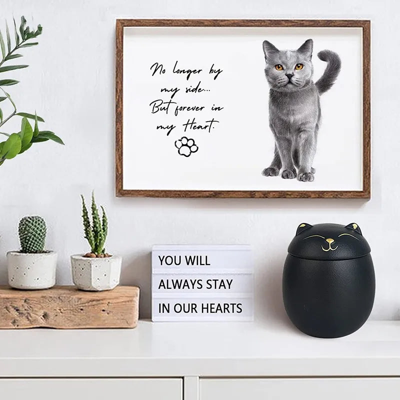 Urn for pet ashes, cat shape memorial cremation urns, hand crafted black, decorative urns for burial dog, ceramic sealed jar
