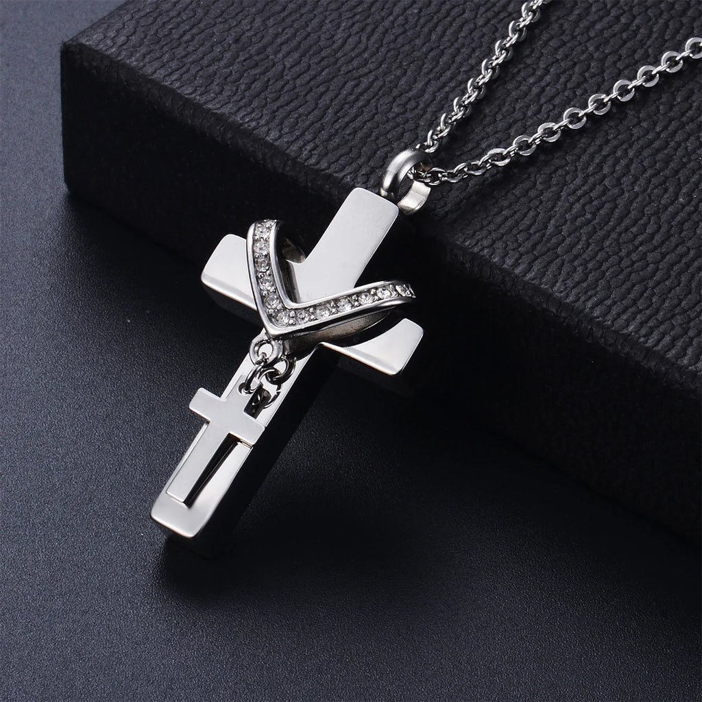 Unisex Edelstahl Feuerbestattung Doppel Kreuz Anhänger Halskette für Asche Memorial Andenken Schmuck Geschenk Dropshipping