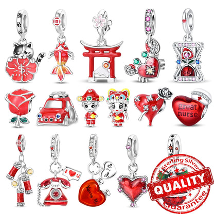 Wunderschöner roter Anhänger aus 925er-Sterlingsilber mit Rosenherz, Krabbe, Feuerwerkskörper, für Mädchen und Jungen, passend für DIY-Armbänder, Halsketten, süße Geschenke