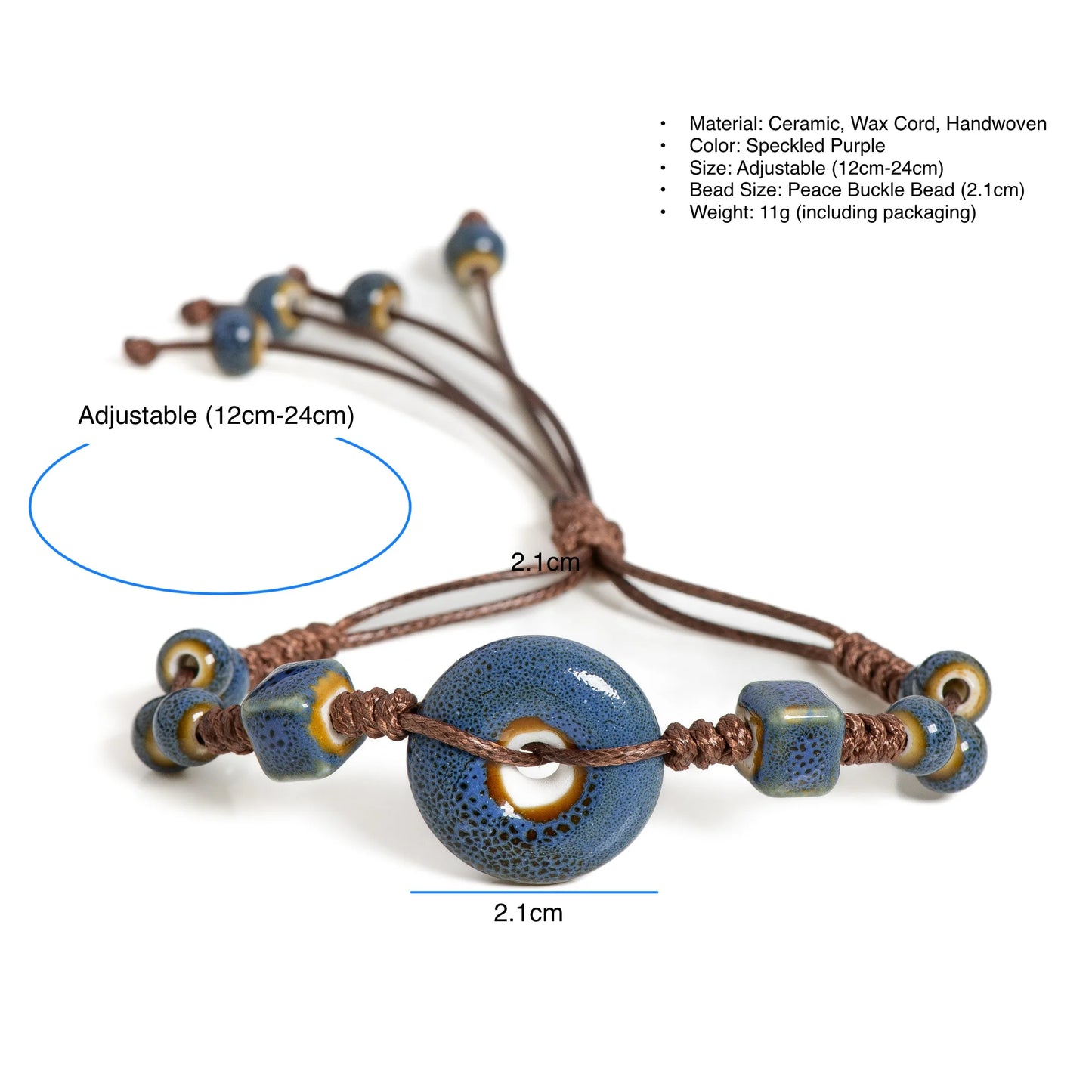 Handmade glazed ceramic bracelet with peace buckle, adjustable vintage boho jewelry – S02-013