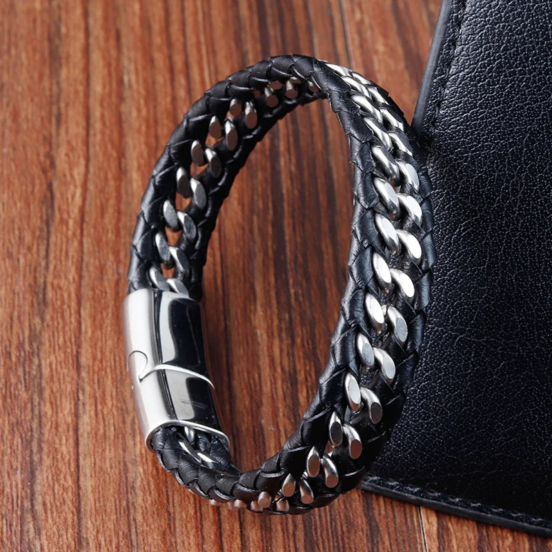 Geflochtenes Seil gewebtes schwarzes Leder Herrenarmbänder Punk-Stil Edelstahl-Armreif für Freund Charm Modeschmuck Geschenke