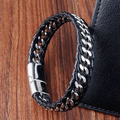 Geflochtenes Seil gewebtes schwarzes Leder Herrenarmbänder Punk-Stil Edelstahl-Armreif für Freund Charm Modeschmuck Geschenke