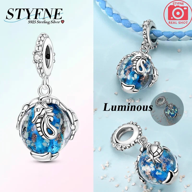 Charms aus 925er-Sterlingsilber, Perlen-Anhänger, Muschel, Delfin, Hippocampus, blauer Charm für Damen, Armband, Schmuck, Geschenk