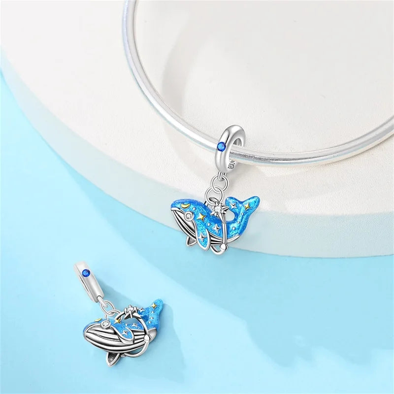 Ocean Series 925er Sterlingsilber, Wal, Schildkröte, kleiner Fisch, Qualle, Delfin, blauer Charm, passend für DIY-Armband, Halskette, Party-Schmuck