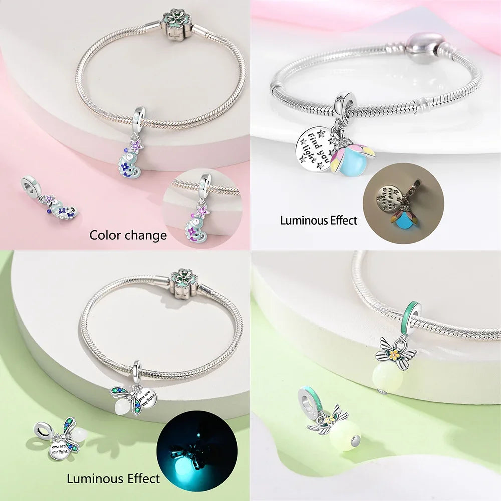 925er Sterlingsilber, Farbe, Glühwürmchen, Chamäleon, Schmetterling, leuchtende Charms, Perlen, passend für Original-Armbänder, DIY-Schmuck, Geschenk
