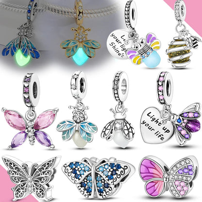 Original 925er Silber-Charm-Perlen, leuchtender, leuchtender Glühwürmchen-Schmetterlings-Anhänger, passend für Armbänder, Charm-Herstellung von Schmuck