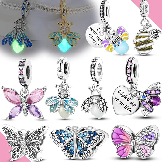 Original 925er Silber-Charm-Perlen, leuchtender, leuchtender Glühwürmchen-Schmetterlings-Anhänger, passend für Armbänder, Charm-Herstellung von Schmuck