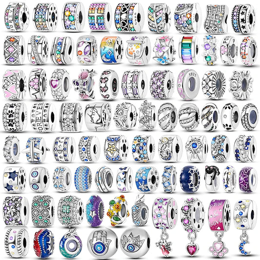 Lucky Clover Clip Charms 925 Sterling Silber Original Black Cat Stopper Clamp Silikon Spacer Charm für DIY Schmuck Armband