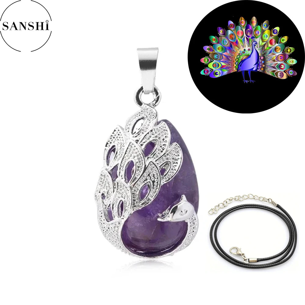Wassertropfen Naturstein Anhänger Pfau Halskette Quarz Kristall Opal Tigerauge Halskette Anhänger für Frauen Männer Schmuck Geschenk