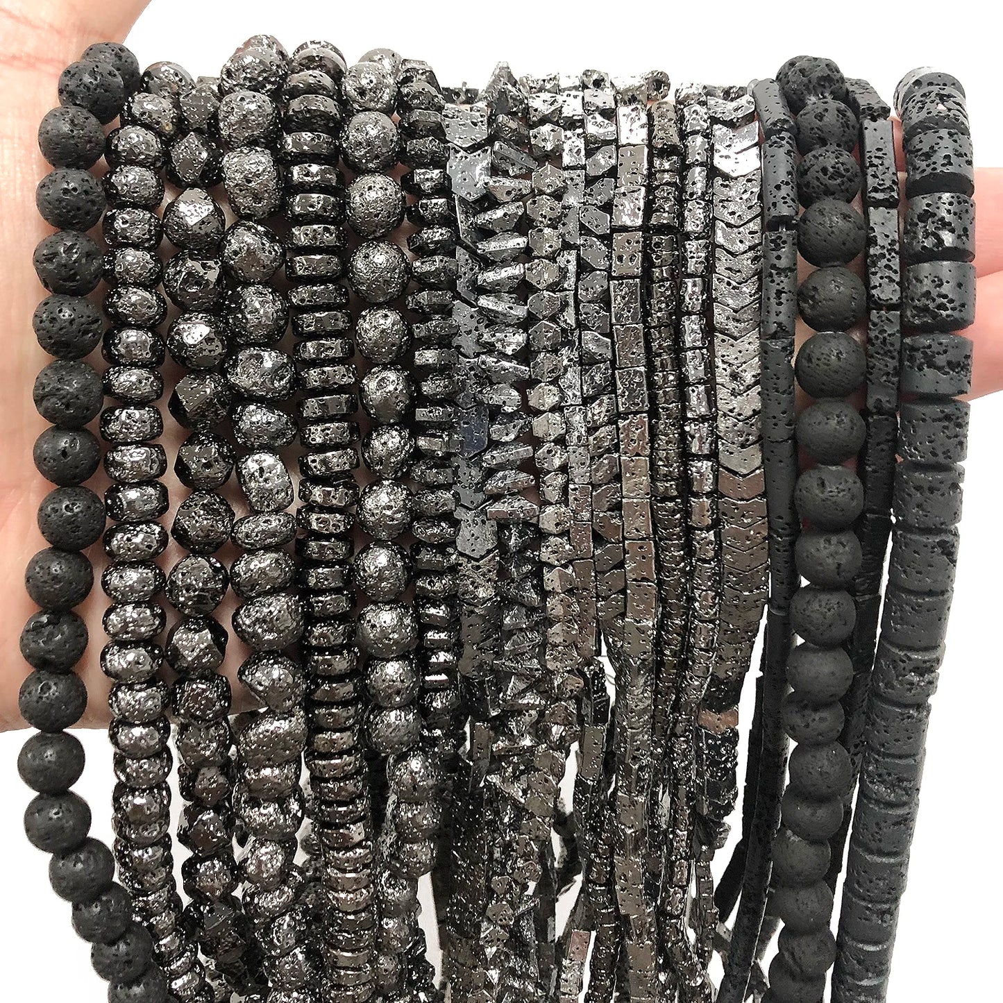 Schwarze vulkanische Lavagesteinperlen, Mineralperlen, Charms, Rohrwürfel, runde geometrische Formperlen für Schmuckherstellung, DIY-Armband