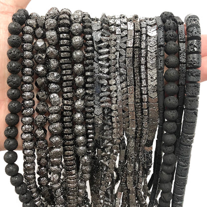 Schwarze vulkanische Lavagesteinperlen, Mineralperlen, Charms, Rohrwürfel, runde geometrische Formperlen für Schmuckherstellung, DIY-Armband