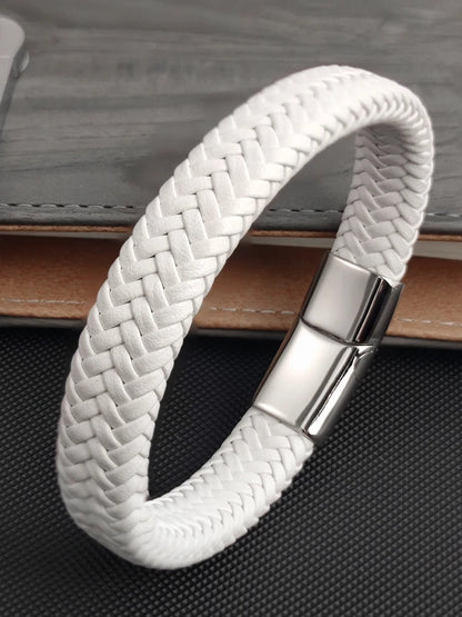 Fashion Simple White Leather Braid Bracelet Stainless Steel Buckle Clasps for Men Handmade Bangle Wholesale Charm Jewelry Gift