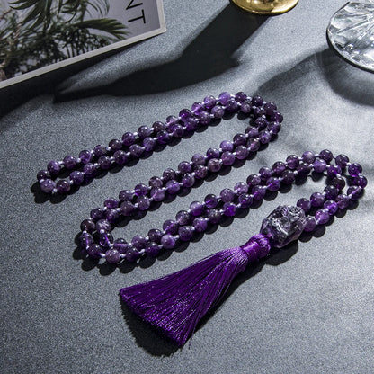 8mm Natürliche Amethyst-Perlenkette mit 108 Mala-Perlen, Geknotete Meditations-Yoga-Gebetskette mit Großer Stein-Guru-Perle, Schmuck
