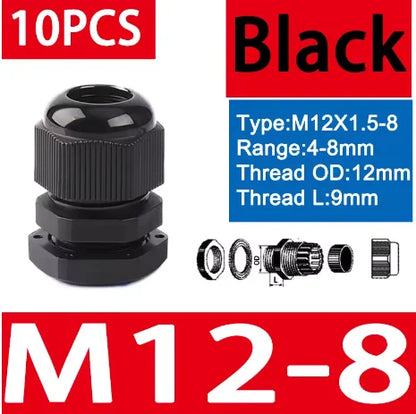 10 Stück wasserdichte Kabelverschraubungen M8-M40, schwarze Kunststoff-Dichtungsverbindungen, IP68, Nylon-Stecker, Gummi-Kabelverschraubung für verschiedene Größen