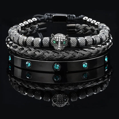 Luxus Schwarz Stein Perlen Leopard Kopf Mann Armband Emaille Edelstahl Römischen Armreifen Frauen Schmuck Set