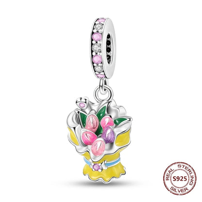 Gelber Sonnenblumen-Charm aus 925er Silber, Original-Zirkon, Kolibri, Einhorn-Charms, passend für Armbänder, DIY-Schmuck für Frauen, Hochzeitsgeschenk