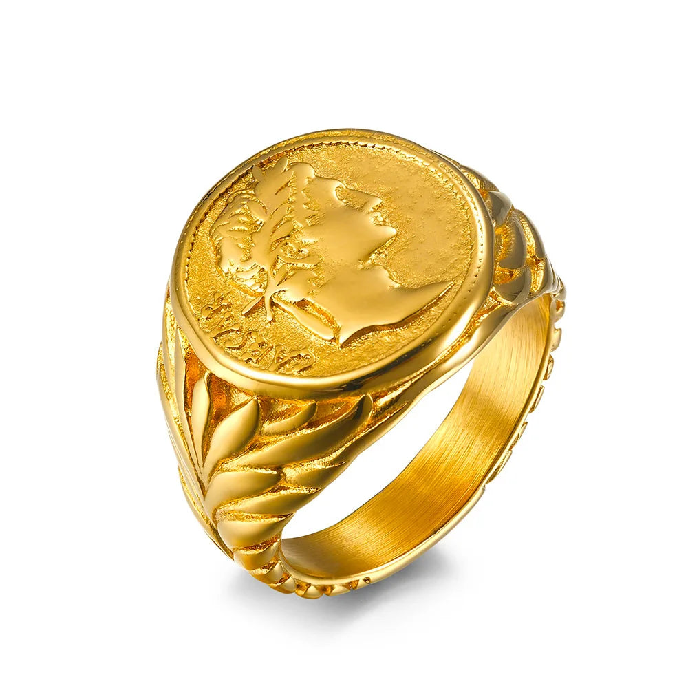 Männer Vintage Römisches Reich Caesar Ringe Edelstahl Silber/Gold Farbe Münze Caesar Kopf Signet Männer Ringe Mode Schmuck