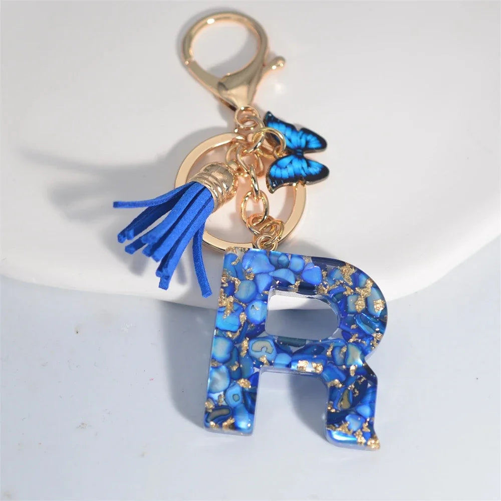 Modischer blauer glasierter Stein, A bis Z, Buchstaben-Schlüsselanhänger, 26 Initialen, Alphabet, Schmetterling, Quaste, Anhänger, Auto-Schlüsselanhänger, Damenschmuck, Geschenke
