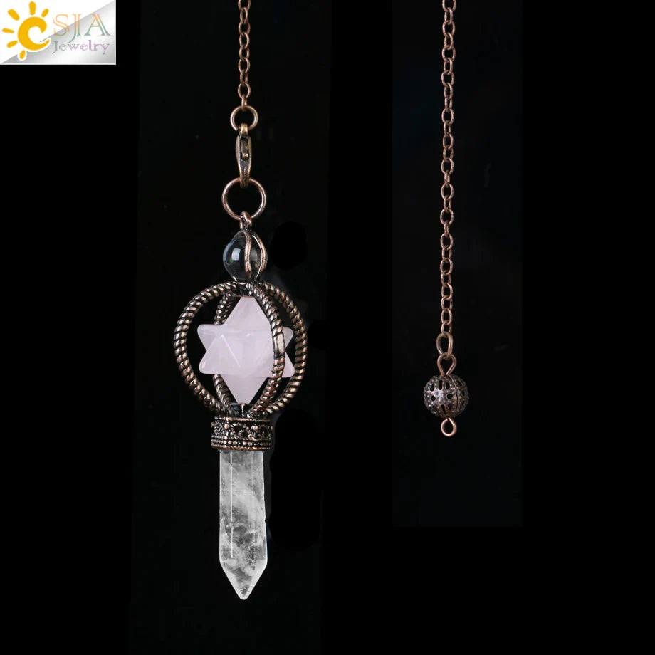CSJA Esoterik Kristallpendel für Wünschelpen, Weissagung, Pendel, Merkaba, Naturstein-Anhänger, klarer Quarz, rote Bronze, G930