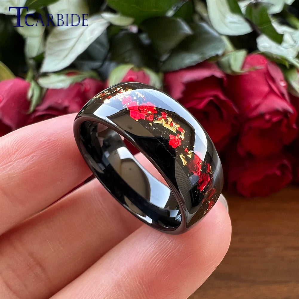 Dropshipping 6mm 8mm 18k Gold Farbe Kuppel Ehering Schöner Wolframkarbid Ring mit roter und Goldfolieninlage Comfort Fit